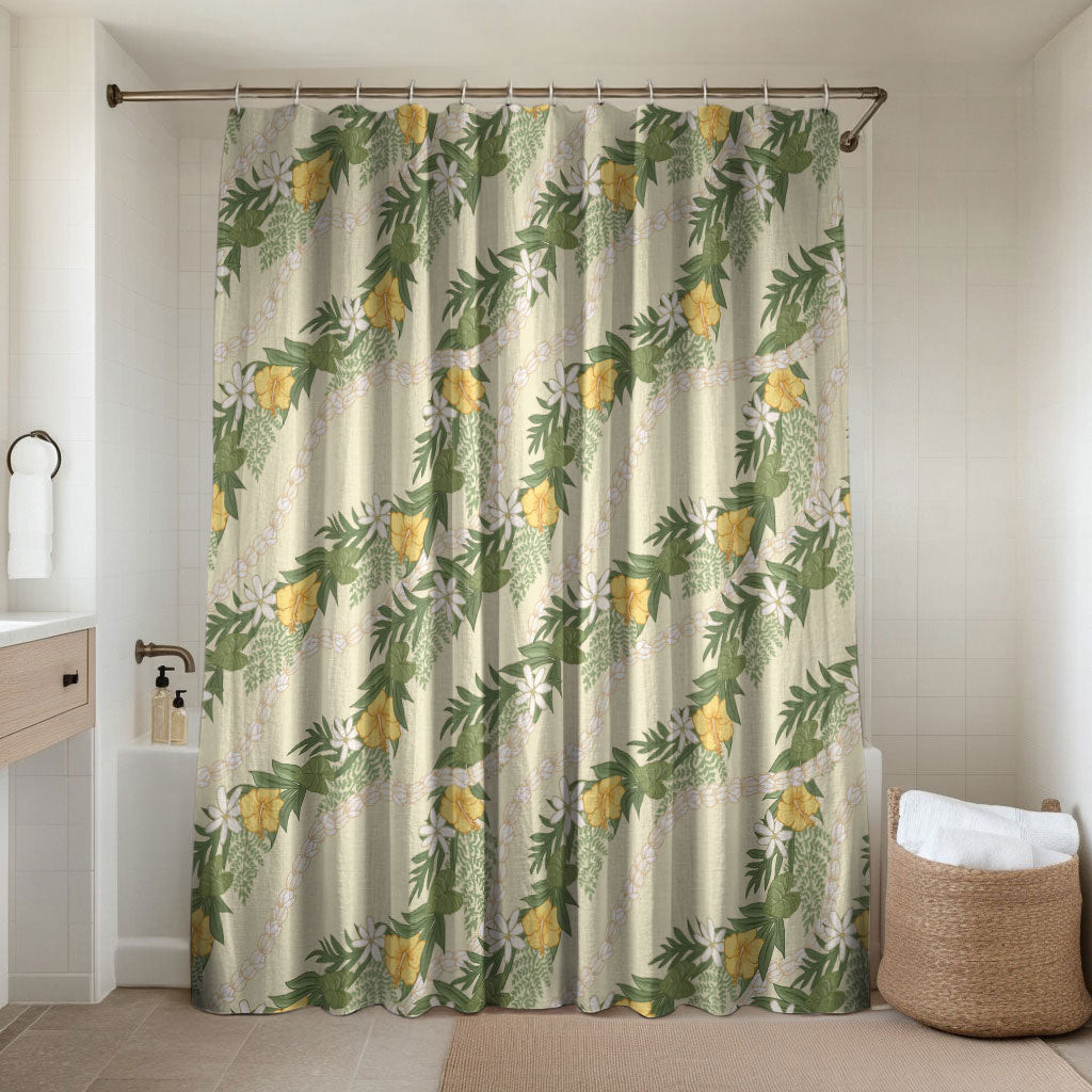 Hawaiian Pikake Maile Lei Bathroom Set Tiare Hibiscus Kalo Palapalai Leaf Beige