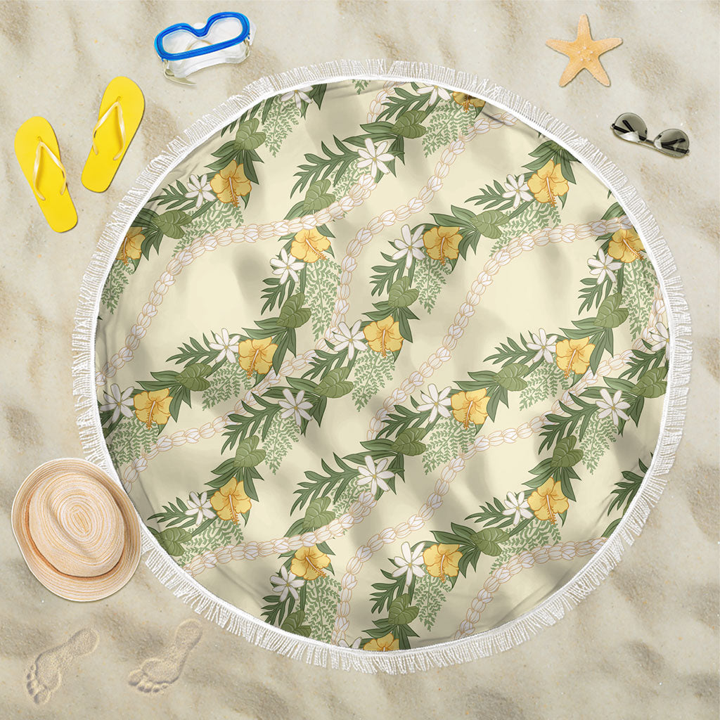 Hawaiian Pikake Maile Lei Beach Blanket Tiare Hibiscus Kalo Palapalai Leaf Beige