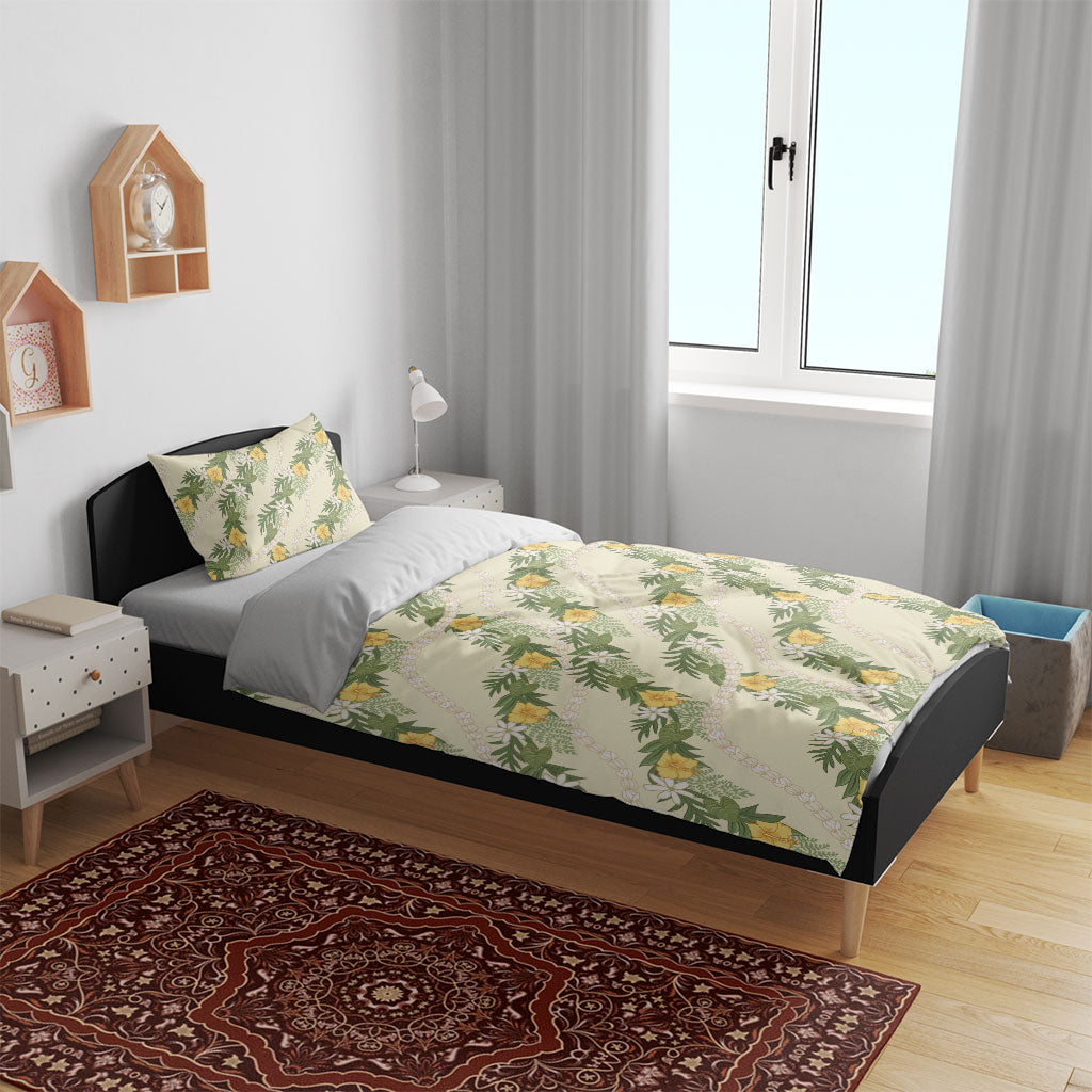 Hawaiian Pikake Maile Lei Bedding Set Tiare Hibiscus Kalo Palapalai Leaf Beige