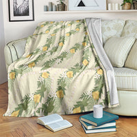 Hawaiian Pikake Maile Lei Blanket Tiare Hibiscus Kalo Palapalai Leaf Beige