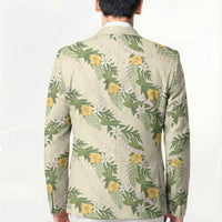 Hawaiian Pikake Maile Lei Blazer Tiare Hibiscus Kalo Palapalai Leaf Beige