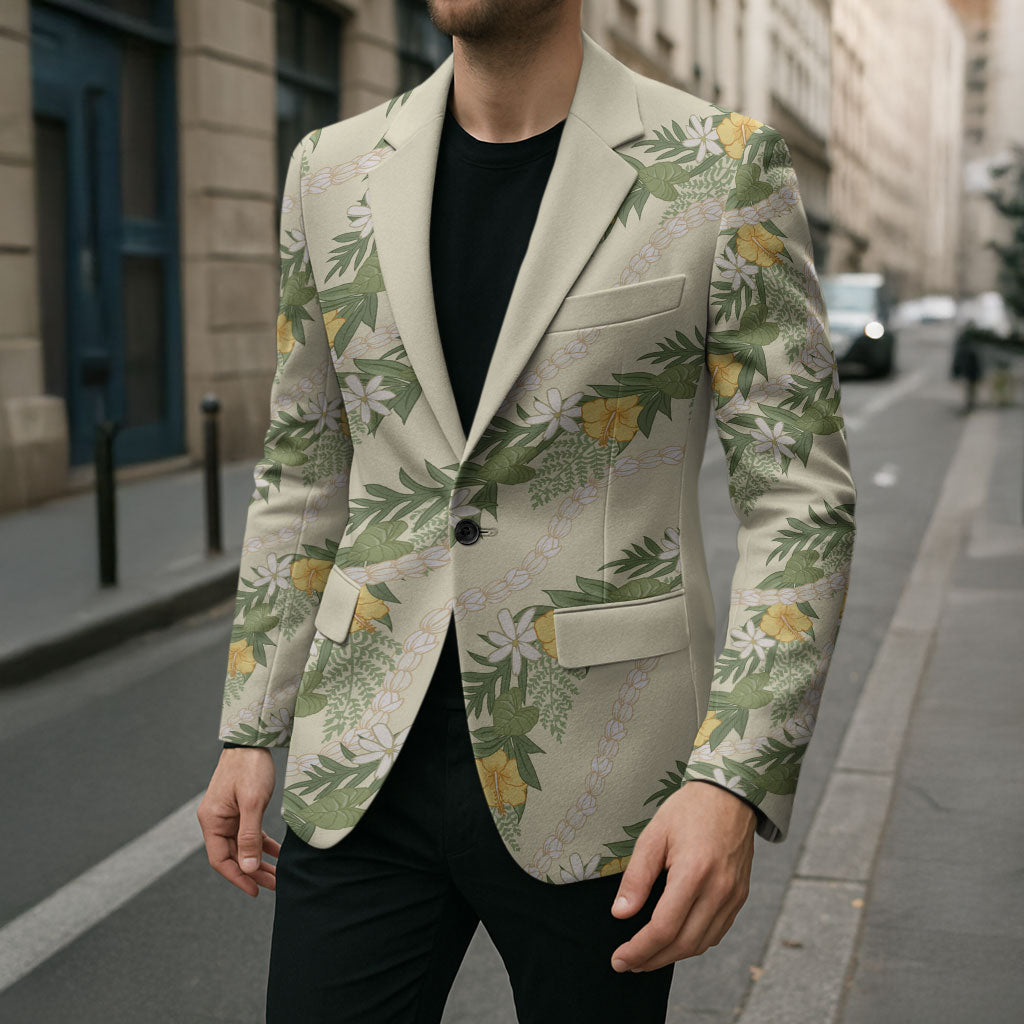 Hawaiian Pikake Maile Lei Blazer Tiare Hibiscus Kalo Palapalai Leaf Beige