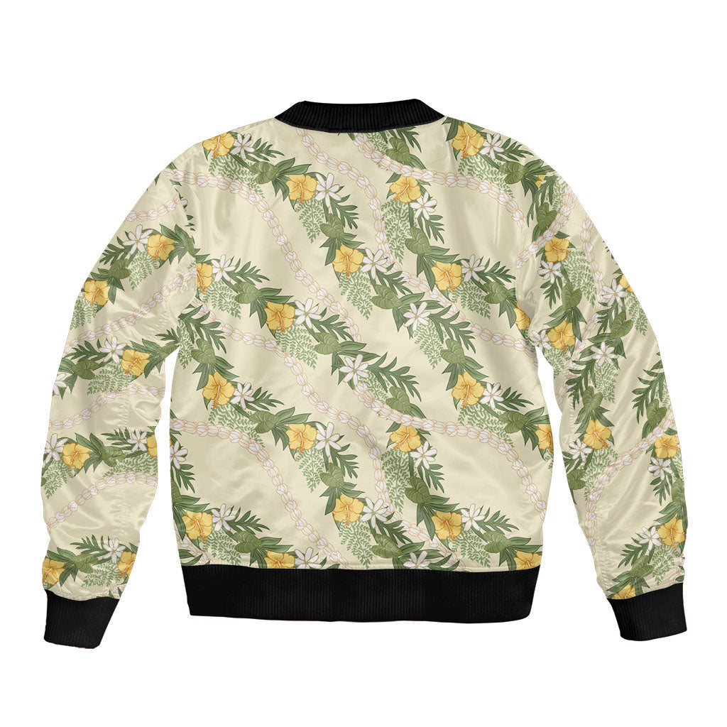 Hawaiian Pikake Maile Lei Bomber Jacket Tiare Hibiscus Kalo Palapalai Leaf Beige