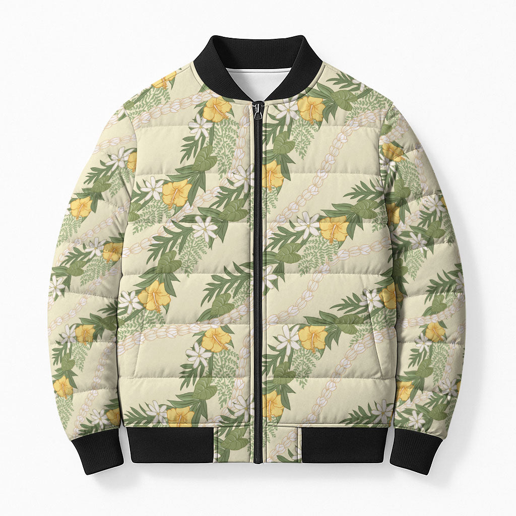 Hawaiian Pikake Maile Lei Bomber Puffer Jacket Tiare Hibiscus Kalo Palapalai Leaf Beige