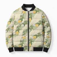 Hawaiian Pikake Maile Lei Bomber Puffer Jacket Tiare Hibiscus Kalo Palapalai Leaf Beige