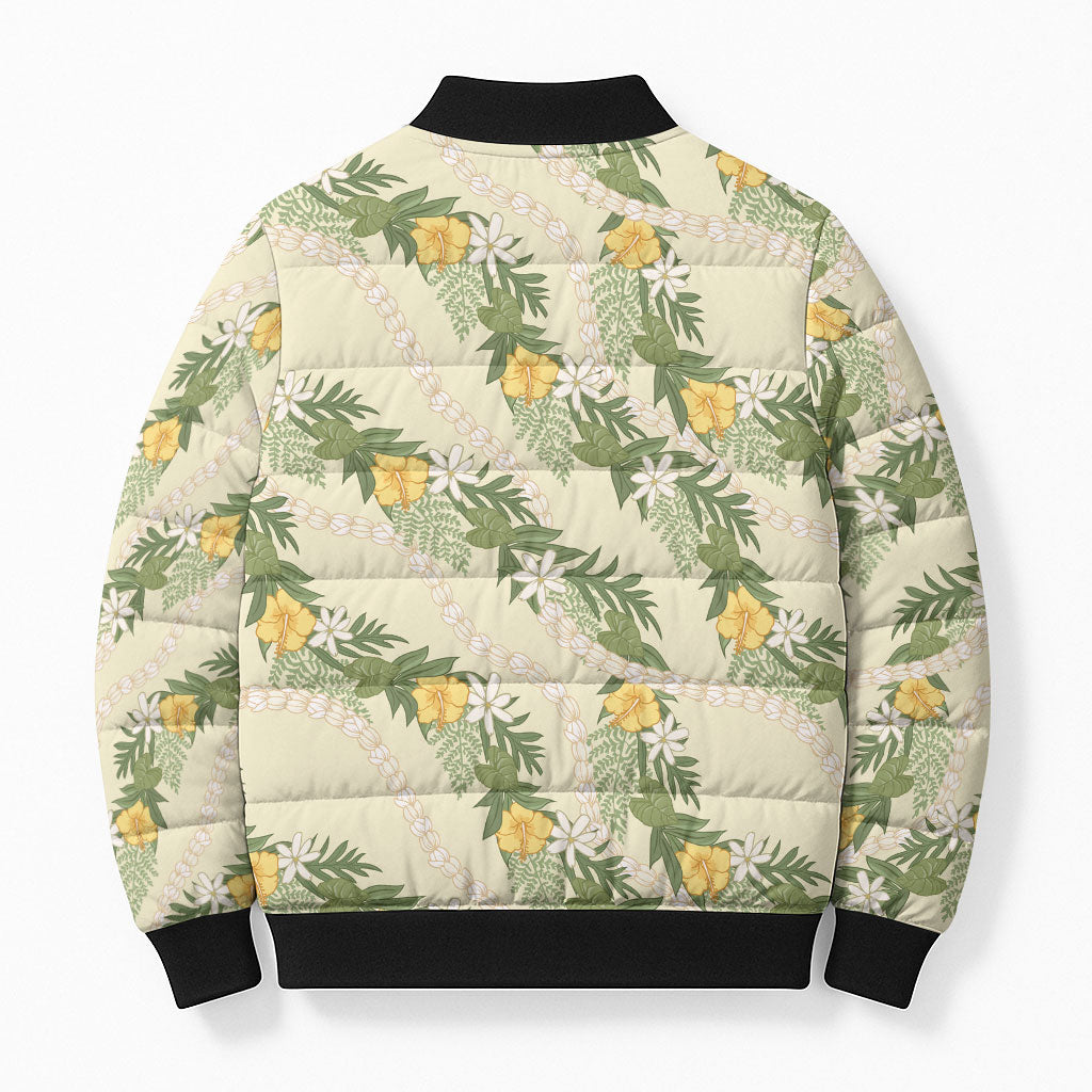 Hawaiian Pikake Maile Lei Bomber Puffer Jacket Tiare Hibiscus Kalo Palapalai Leaf Beige