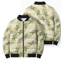 Hawaiian Pikake Maile Lei Bomber Puffer Jacket Tiare Hibiscus Kalo Palapalai Leaf Beige