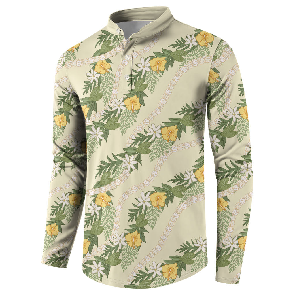 Hawaiian Pikake Maile Lei Button Sweatshirt Tiare Hibiscus Kalo Palapalai Leaf Beige