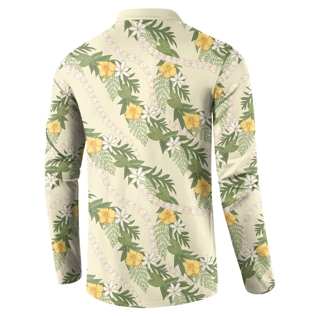 Hawaiian Pikake Maile Lei Button Sweatshirt Tiare Hibiscus Kalo Palapalai Leaf Beige