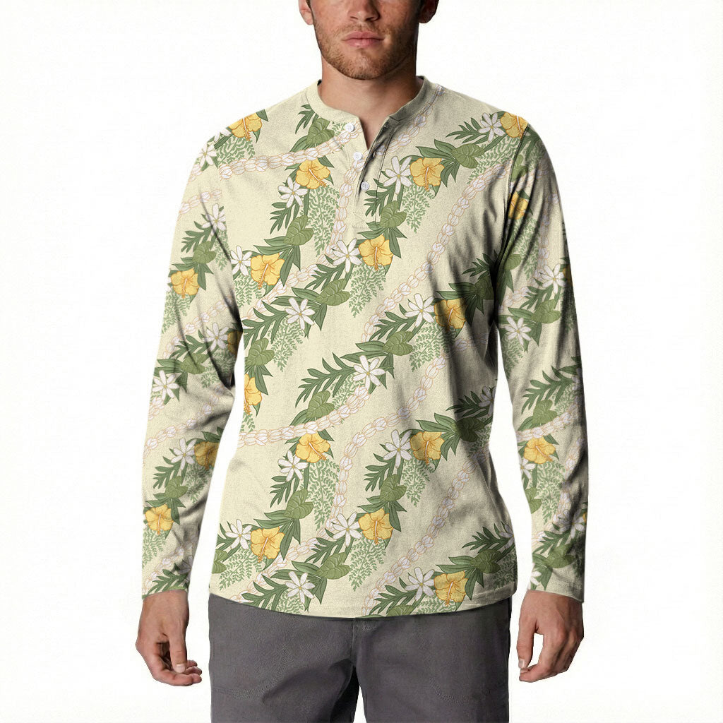 Hawaiian Pikake Maile Lei Button Sweatshirt Tiare Hibiscus Kalo Palapalai Leaf Beige