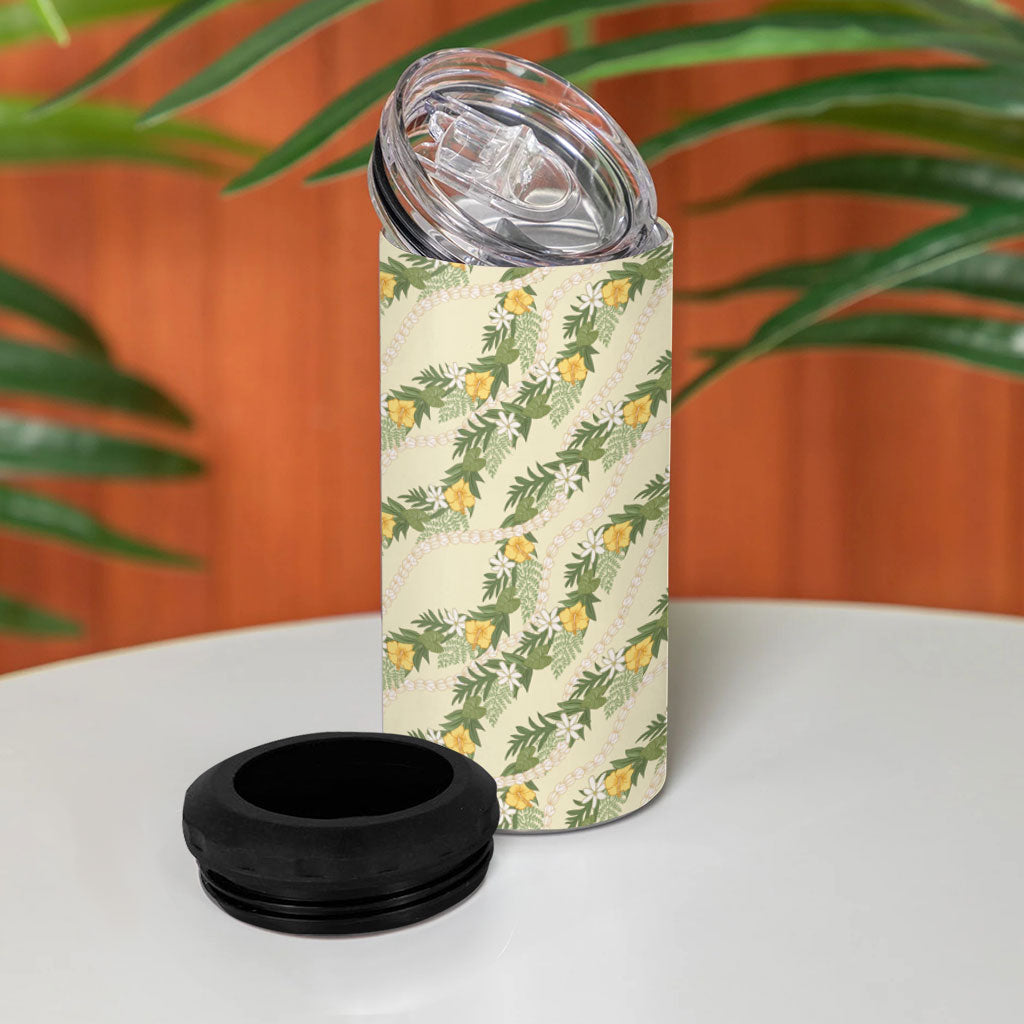 Hawaiian Pikake Maile Lei 4 in 1 Can Cooler Tumbler Tiare Hibiscus Kalo Palapalai Leaf Beige LT19 - Polynesian Pride