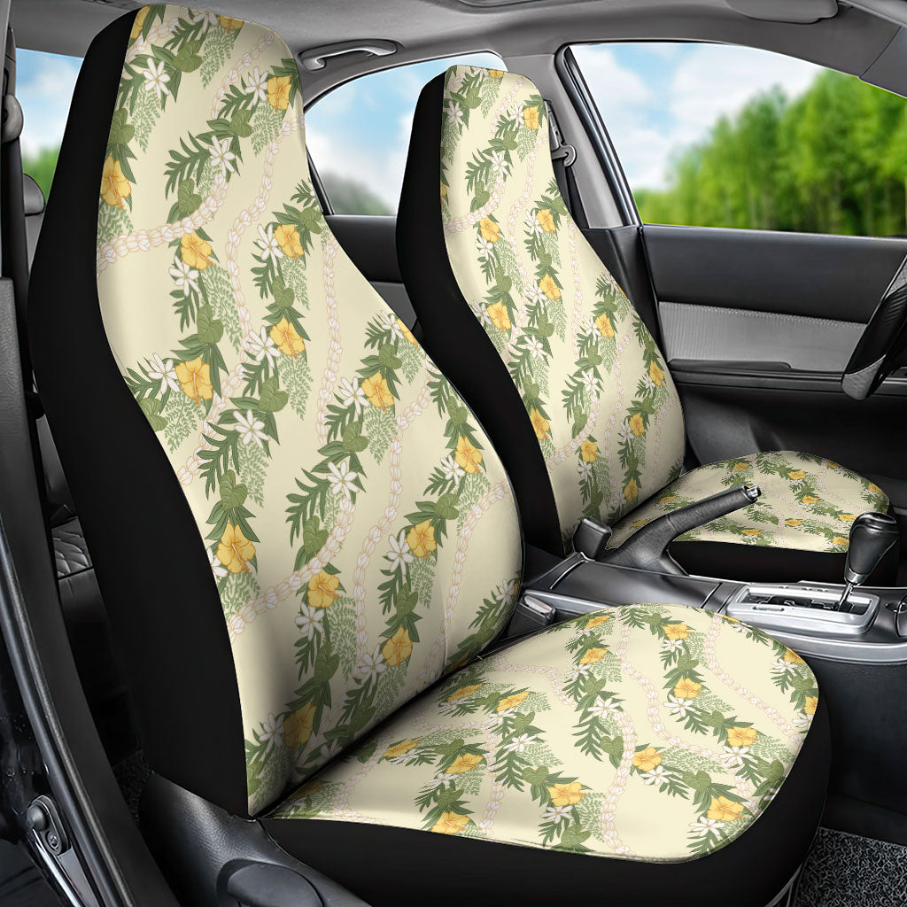 Hawaiian Pikake Maile Lei Car Seat Cover Tiare Hibiscus Kalo Palapalai Leaf Beige LT19 - Polynesian Pride