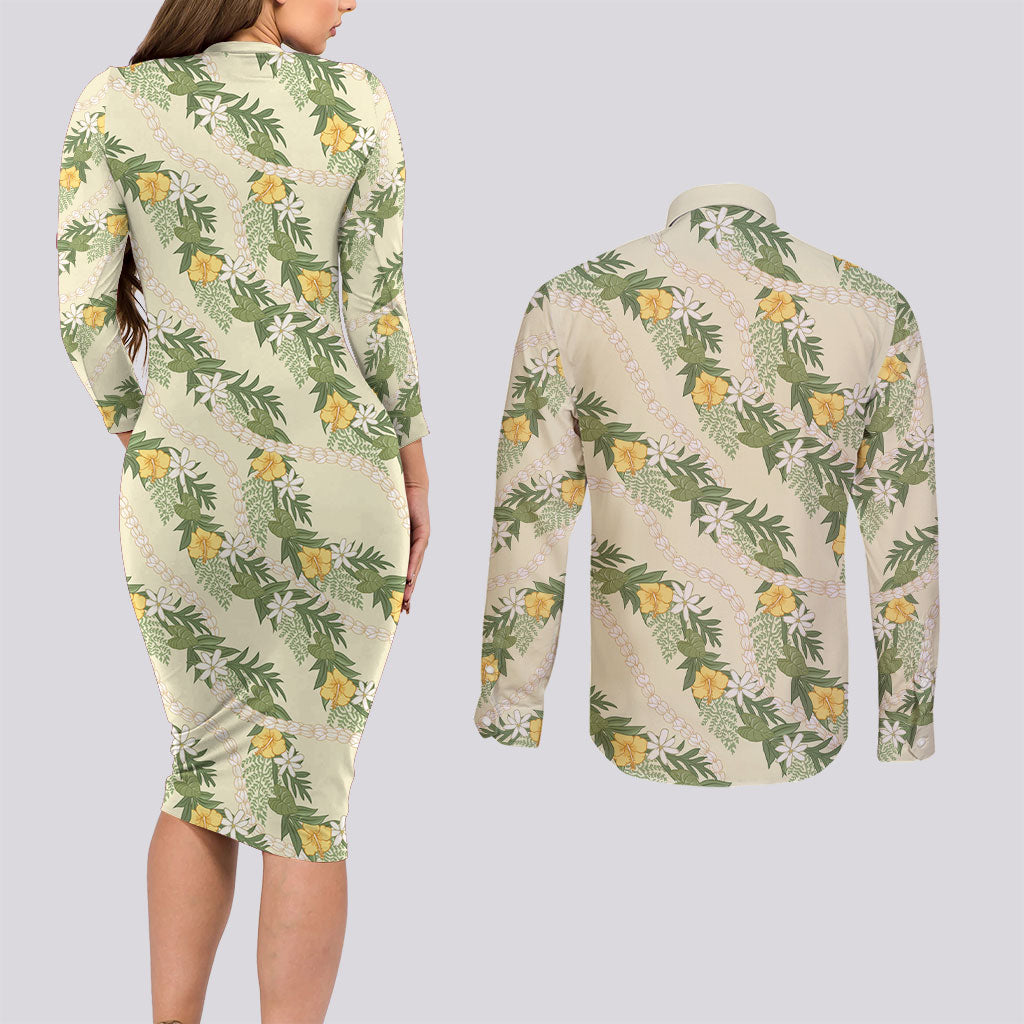 Hawaiian Pikake Maile Lei Couples Matching Long Sleeve Bodycon Dress and Long Sleeve Button Shirt Tiare Hibiscus Kalo Palapalai Leaf Beige LT19 - Polynesian Pride