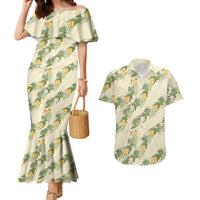 Hawaiian Pikake Maile Lei Couples Matching Mermaid Dress and Hawaiian Shirt Tiare Hibiscus Kalo Palapalai Leaf Beige LT19 Beige - Polynesian Pride