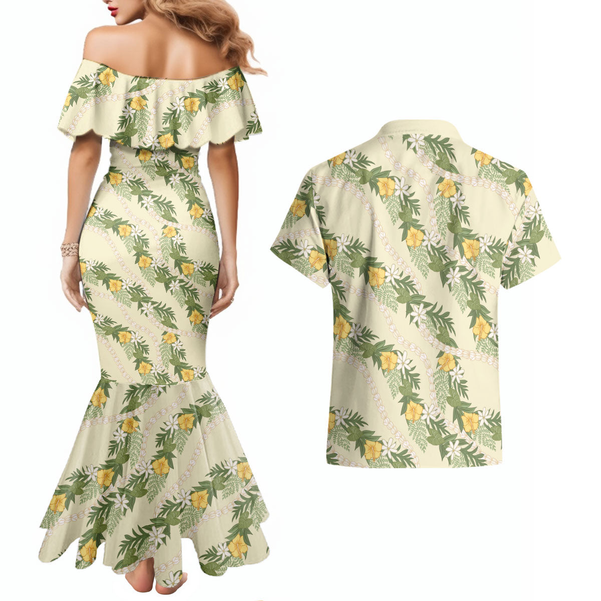 Hawaiian Pikake Maile Lei Couples Matching Mermaid Dress and Hawaiian Shirt Tiare Hibiscus Kalo Palapalai Leaf Beige LT19 - Polynesian Pride