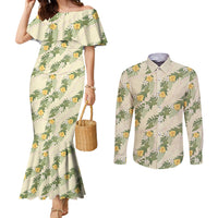 Hawaiian Pikake Maile Lei Couples Matching Mermaid Dress and Long Sleeve Button Shirt Tiare Hibiscus Kalo Palapalai Leaf Beige LT19 Beige - Polynesian Pride
