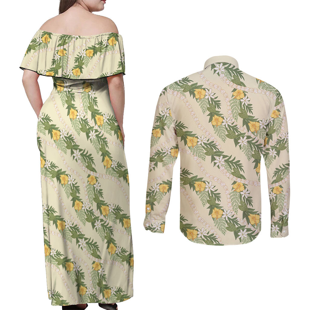 Hawaiian Pikake Maile Lei Couples Matching Off Shoulder Maxi Dress and Long Sleeve Button Shirt Tiare Hibiscus Kalo Palapalai Leaf Beige LT19 - Polynesian Pride