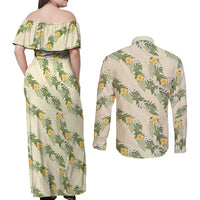 Hawaiian Pikake Maile Lei Couples Matching Off Shoulder Maxi Dress and Long Sleeve Button Shirt Tiare Hibiscus Kalo Palapalai Leaf Beige LT19 - Polynesian Pride