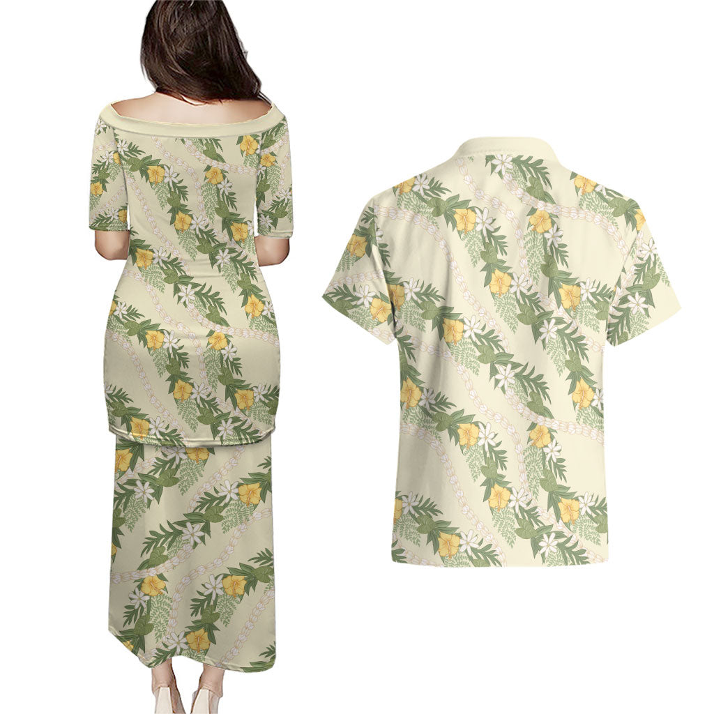Hawaiian Pikake Maile Lei Couples Matching Puletasi and Hawaiian Shirt Tiare Hibiscus Kalo Palapalai Leaf Beige LT19 - Polynesian Pride