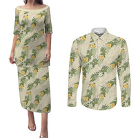 Hawaiian Pikake Maile Lei Couples Matching Puletasi and Long Sleeve Button Shirt Tiare Hibiscus Kalo Palapalai Leaf Beige LT19 Beige - Polynesian Pride