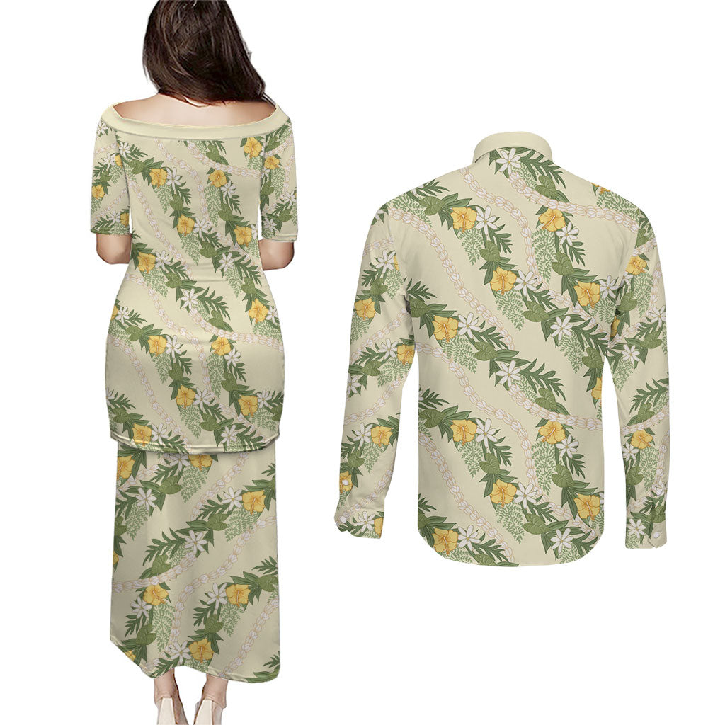 Hawaiian Pikake Maile Lei Couples Matching Puletasi and Long Sleeve Button Shirt Tiare Hibiscus Kalo Palapalai Leaf Beige LT19 - Polynesian Pride