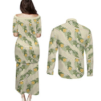 Hawaiian Pikake Maile Lei Couples Matching Puletasi and Long Sleeve Button Shirt Tiare Hibiscus Kalo Palapalai Leaf Beige LT19 - Polynesian Pride
