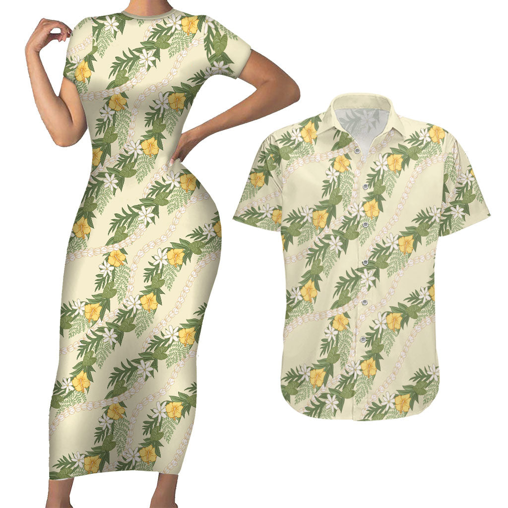 Hawaiian Pikake Maile Lei Couples Matching Short Sleeve Bodycon Dress and Hawaiian Shirt Tiare Hibiscus Kalo Palapalai Leaf Beige LT19 Beige - Polynesian Pride