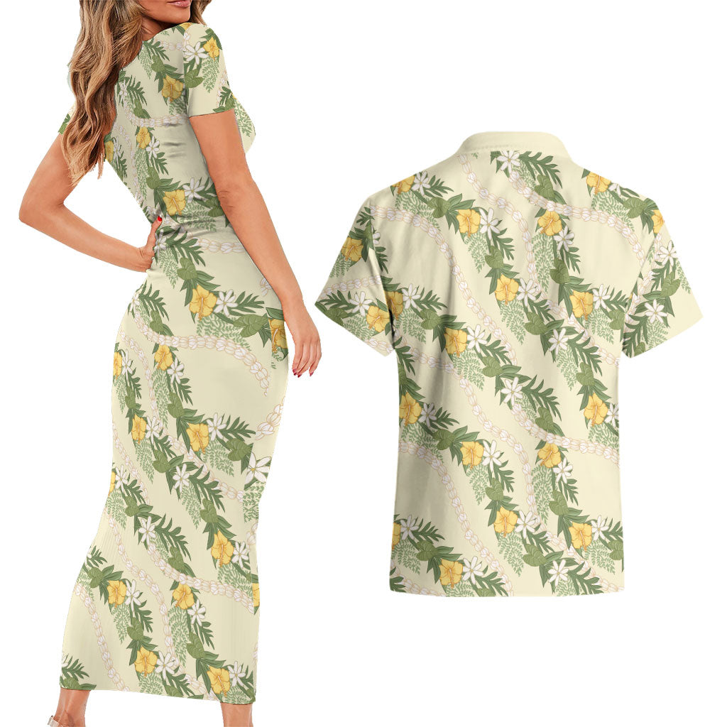 Hawaiian Pikake Maile Lei Couples Matching Short Sleeve Bodycon Dress and Hawaiian Shirt Tiare Hibiscus Kalo Palapalai Leaf Beige LT19 - Polynesian Pride
