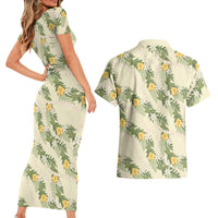 Hawaiian Pikake Maile Lei Couples Matching Short Sleeve Bodycon Dress and Hawaiian Shirt Tiare Hibiscus Kalo Palapalai Leaf Beige LT19 - Polynesian Pride