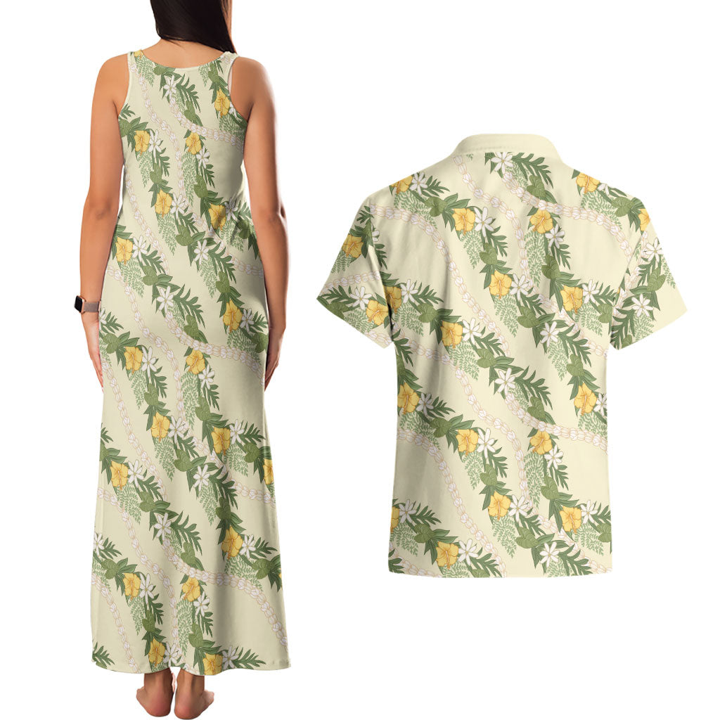 Hawaiian Pikake Maile Lei Couples Matching Tank Maxi Dress and Hawaiian Shirt Tiare Hibiscus Kalo Palapalai Leaf Beige LT19 - Polynesian Pride