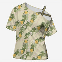 Hawaiian Pikake Maile Lei Cross Shoulder Shirt Tiare Hibiscus Kalo Palapalai Leaf Beige LT19 Female Beige - Polynesian Pride