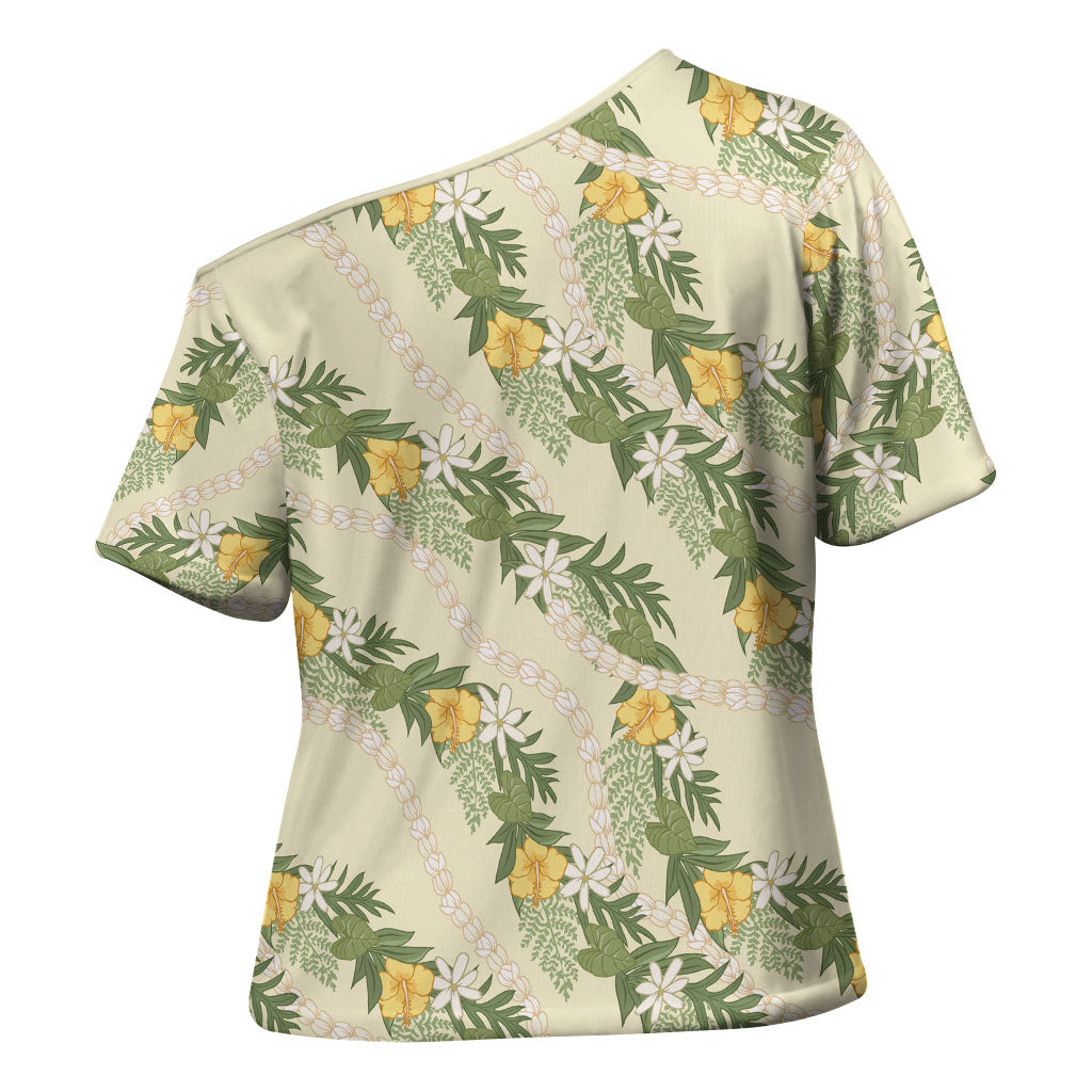 Hawaiian Pikake Maile Lei Cross Shoulder Shirt Tiare Hibiscus Kalo Palapalai Leaf Beige LT19 - Polynesian Pride