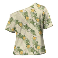 Hawaiian Pikake Maile Lei Cross Shoulder Shirt Tiare Hibiscus Kalo Palapalai Leaf Beige LT19 - Polynesian Pride