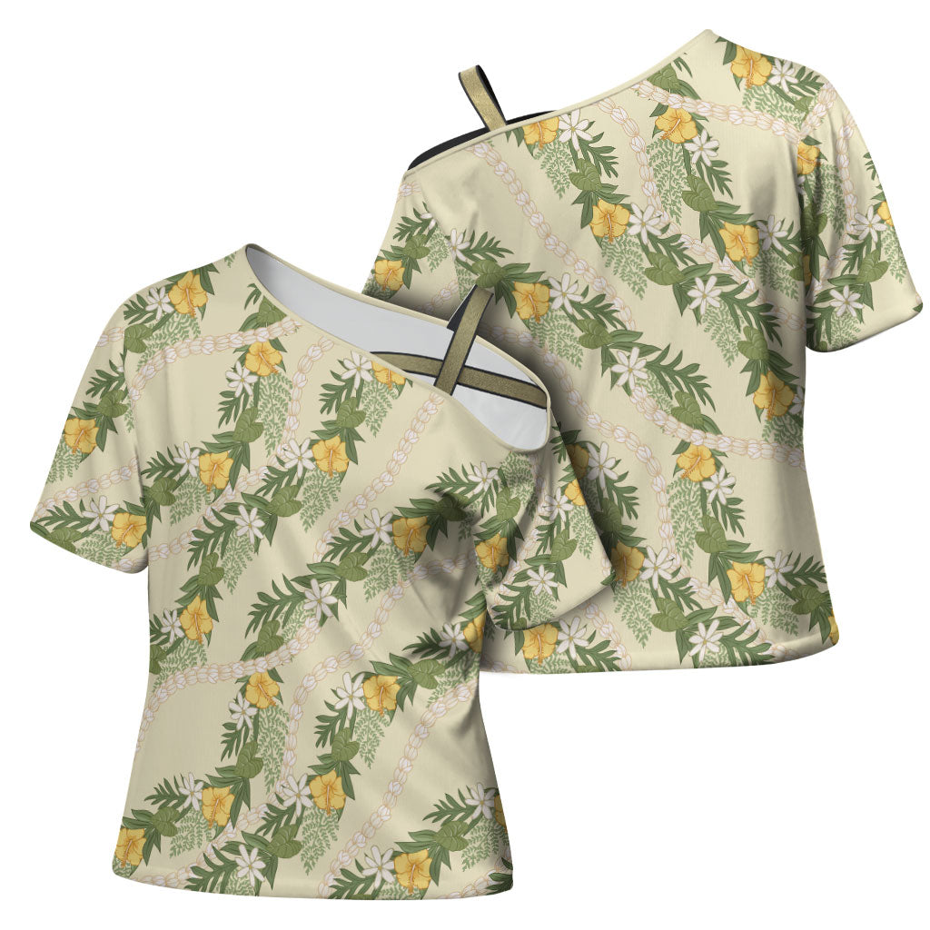 Hawaiian Pikake Maile Lei Cross Shoulder Shirt Tiare Hibiscus Kalo Palapalai Leaf Beige LT19 - Polynesian Pride