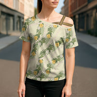 Hawaiian Pikake Maile Lei Cross Shoulder Shirt Tiare Hibiscus Kalo Palapalai Leaf Beige LT19 - Polynesian Pride