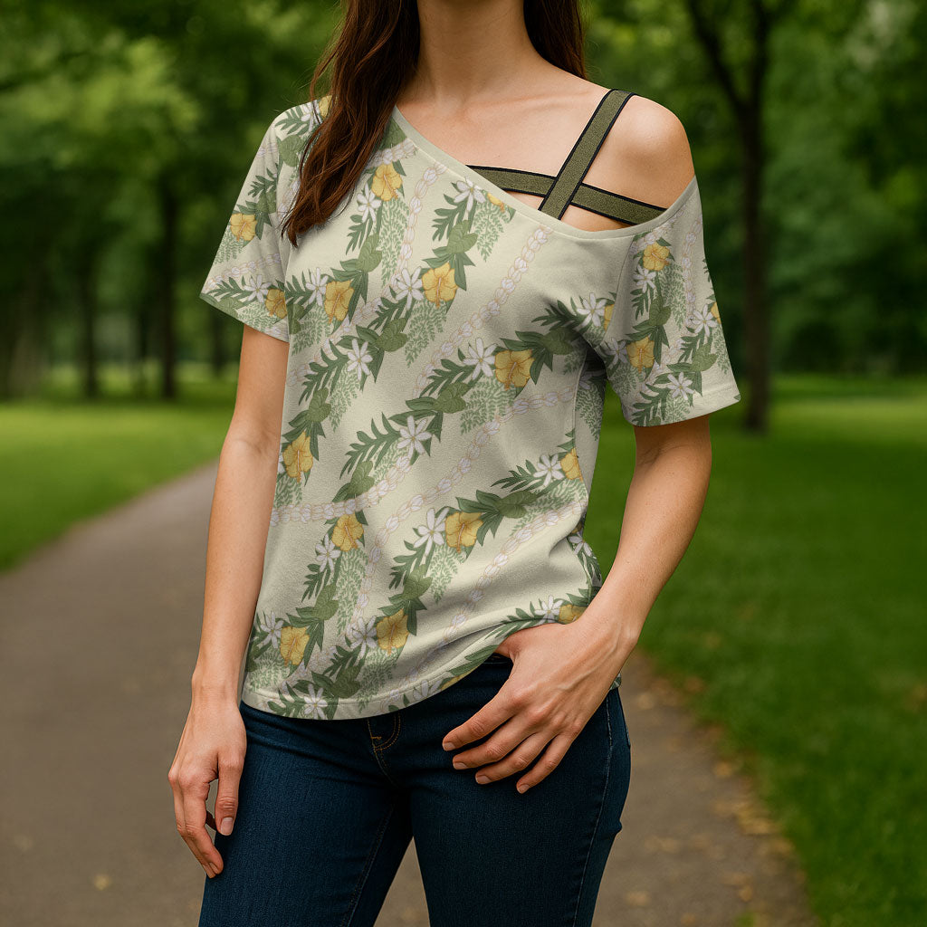 Hawaiian Pikake Maile Lei Cross Shoulder Shirt Tiare Hibiscus Kalo Palapalai Leaf Beige LT19 - Polynesian Pride
