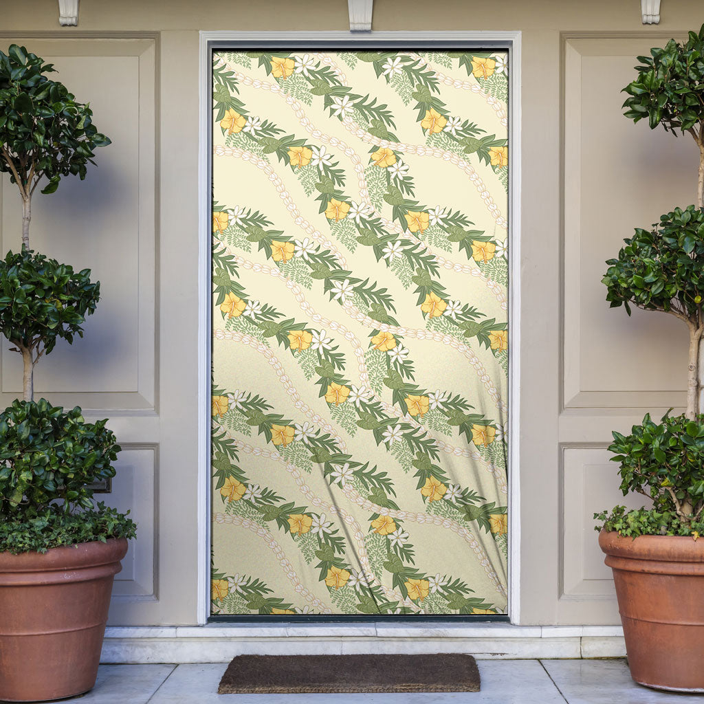 Hawaiian Pikake Maile Lei Door Cover Tiare Hibiscus Kalo Palapalai Leaf Beige