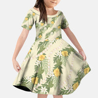 Hawaiian Pikake Maile Lei Family Matching Long Sleeve Bodycon Dress and Hawaiian Shirt Tiare Hibiscus Kalo Palapalai Leaf Beige LT19 Daughter's Dress Beige - Polynesian Pride