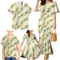 Hawaiian Pikake Maile Lei Family Matching Mermaid Dress and Hawaiian Shirt Tiare Hibiscus Kalo Palapalai Leaf Beige LT19 - Polynesian Pride