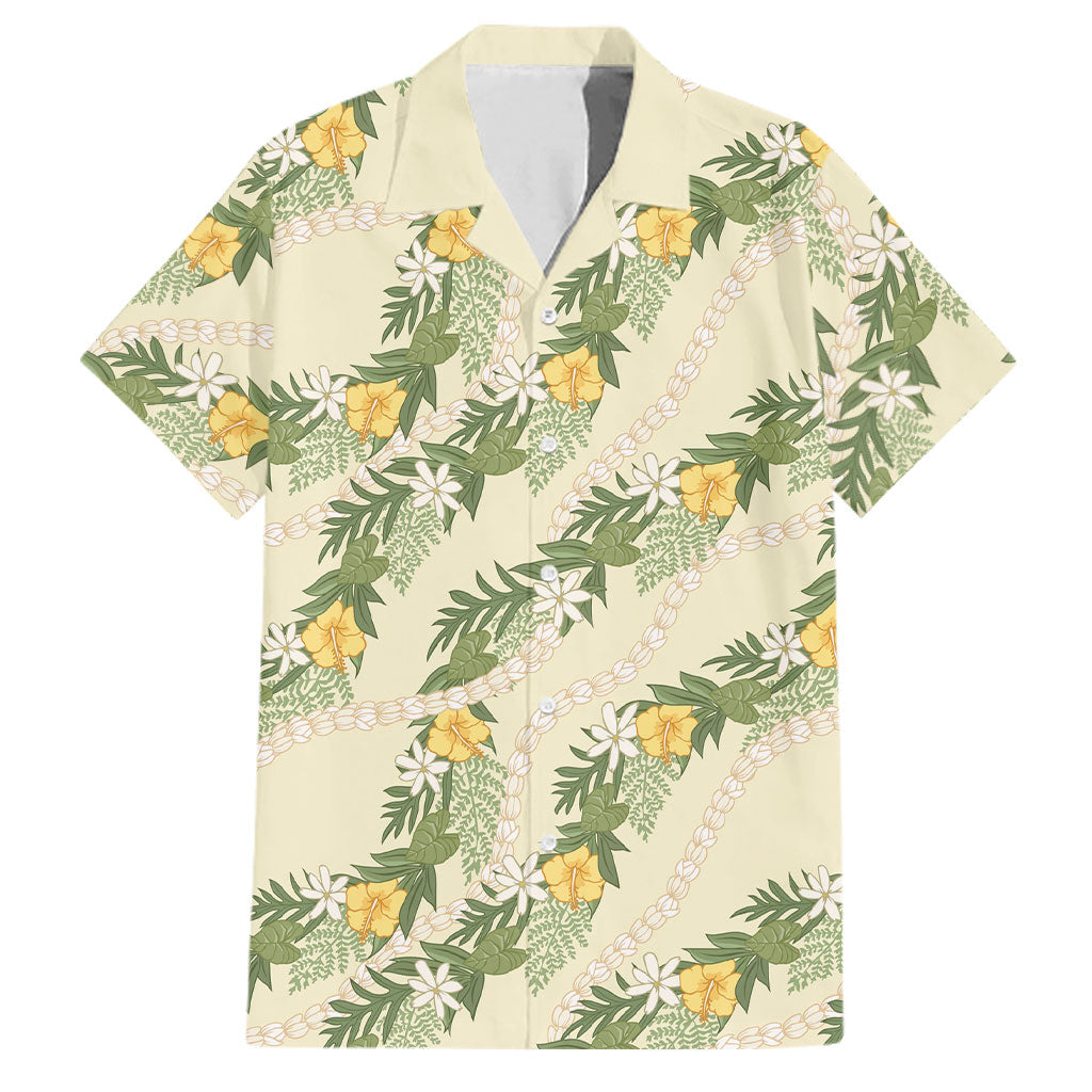 Hawaiian Pikake Maile Lei Family Matching Mermaid Dress and Hawaiian Shirt Tiare Hibiscus Kalo Palapalai Leaf Beige LT19 Dad's Shirt - Short Sleeve Beige - Polynesian Pride