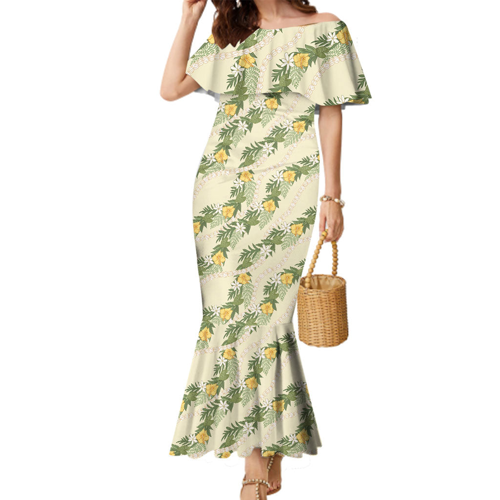 Hawaiian Pikake Maile Lei Family Matching Mermaid Dress and Hawaiian Shirt Tiare Hibiscus Kalo Palapalai Leaf Beige LT19 Mom's Dress Beige - Polynesian Pride