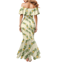 Hawaiian Pikake Maile Lei Family Matching Mermaid Dress and Hawaiian Shirt Tiare Hibiscus Kalo Palapalai Leaf Beige LT19 - Polynesian Pride