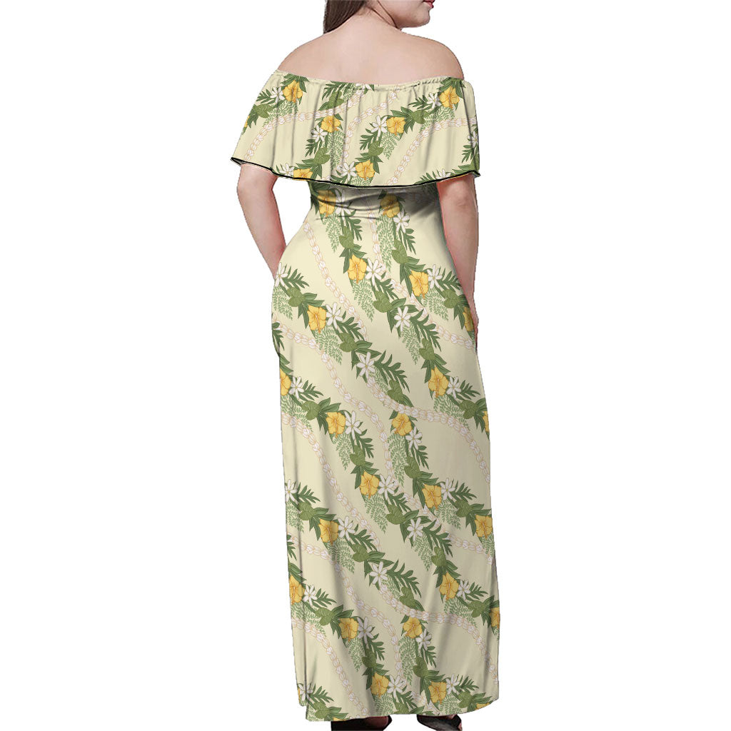 Hawaiian Pikake Maile Lei Family Matching Off Shoulder Maxi Dress and Hawaiian Shirt Tiare Hibiscus Kalo Palapalai Leaf Beige LT19 - Polynesian Pride