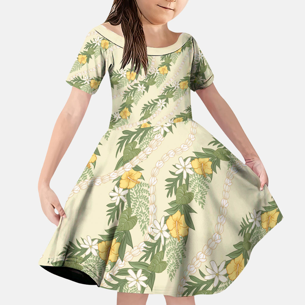 Hawaiian Pikake Maile Lei Family Matching Summer Maxi Dress and Hawaiian Shirt Tiare Hibiscus Kalo Palapalai Leaf Beige LT19 Daughter's Dress Beige - Polynesian Pride