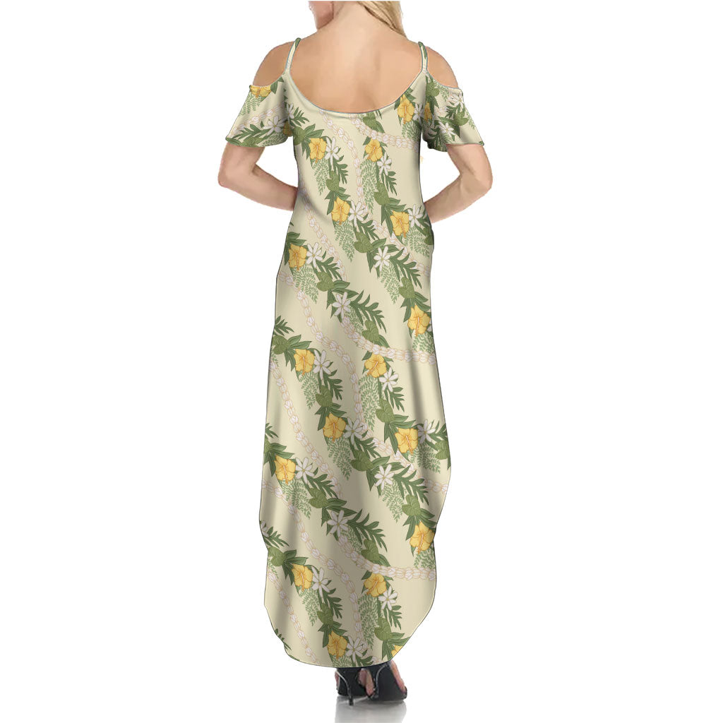 Hawaiian Pikake Maile Lei Family Matching Summer Maxi Dress and Hawaiian Shirt Tiare Hibiscus Kalo Palapalai Leaf Beige LT19 - Polynesian Pride