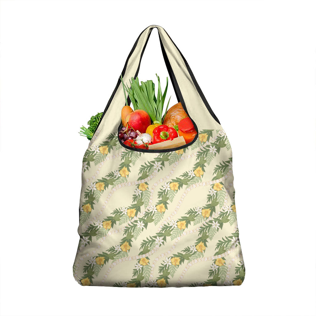 Hawaiian Pikake Maile Lei Grocery Bag Tiare Hibiscus Kalo Palapalai Leaf Beige LT19 1-pack One Size Beige - Polynesian Pride