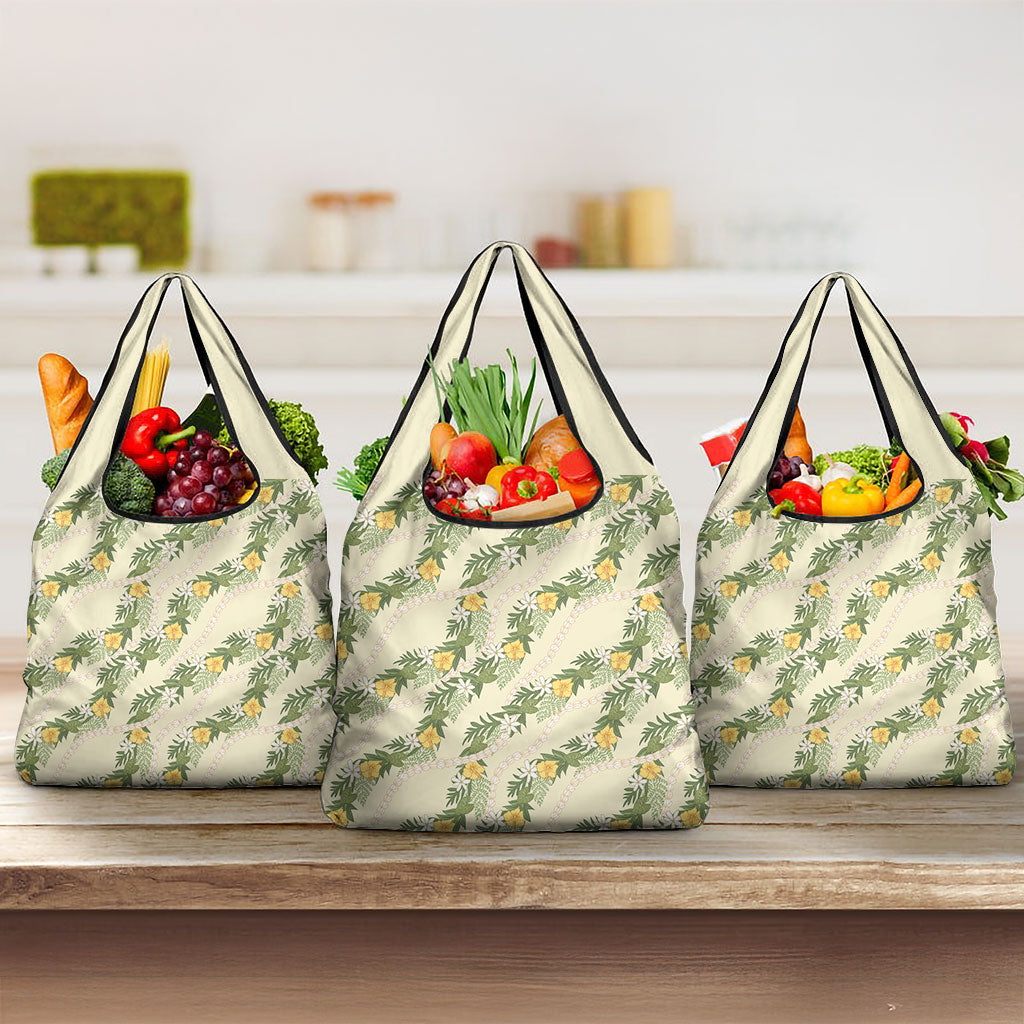 Hawaiian Pikake Maile Lei Grocery Bag Tiare Hibiscus Kalo Palapalai Leaf Beige LT19 3-pack One Size Beige - Polynesian Pride