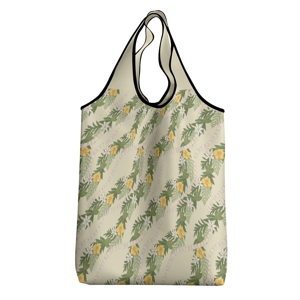 Hawaiian Pikake Maile Lei Grocery Bag Tiare Hibiscus Kalo Palapalai Leaf Beige LT19 - Polynesian Pride