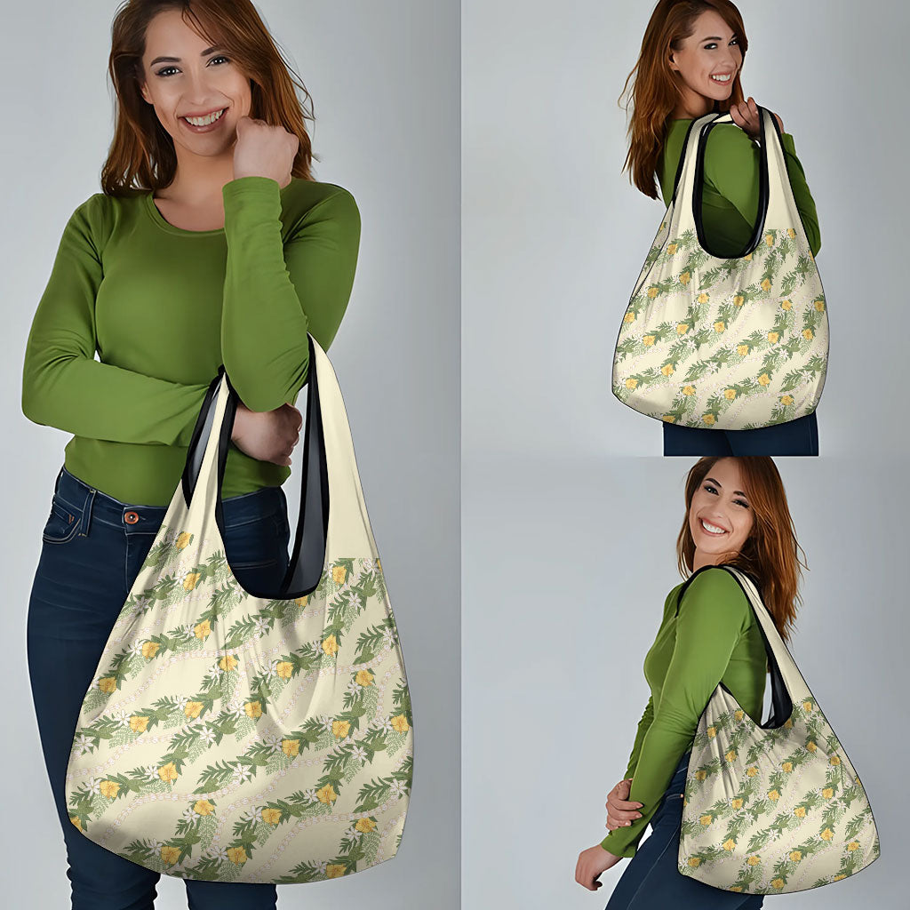Hawaiian Pikake Maile Lei Grocery Bag Tiare Hibiscus Kalo Palapalai Leaf Beige LT19 - Polynesian Pride