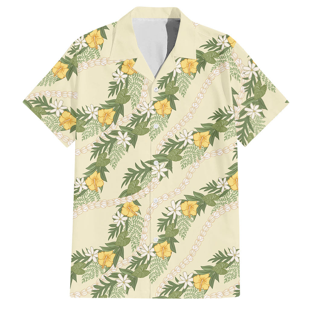 Hawaiian Pikake Maile Lei Hawaiian Shirt Tiare Hibiscus Kalo Palapalai Leaf Beige